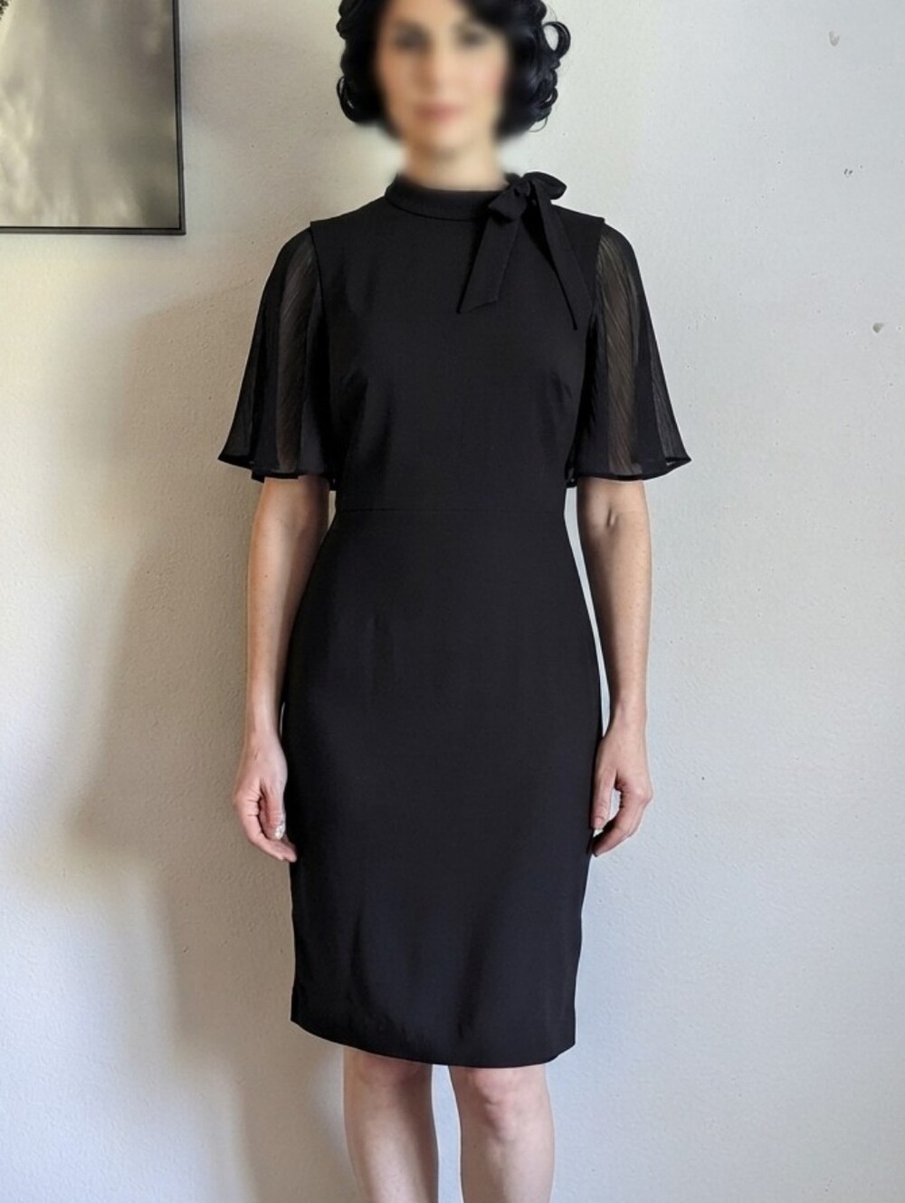 Calvin Klein Black Tie Neck Shift Sheath Dress Size 14 Sheer Flutter Sleeves